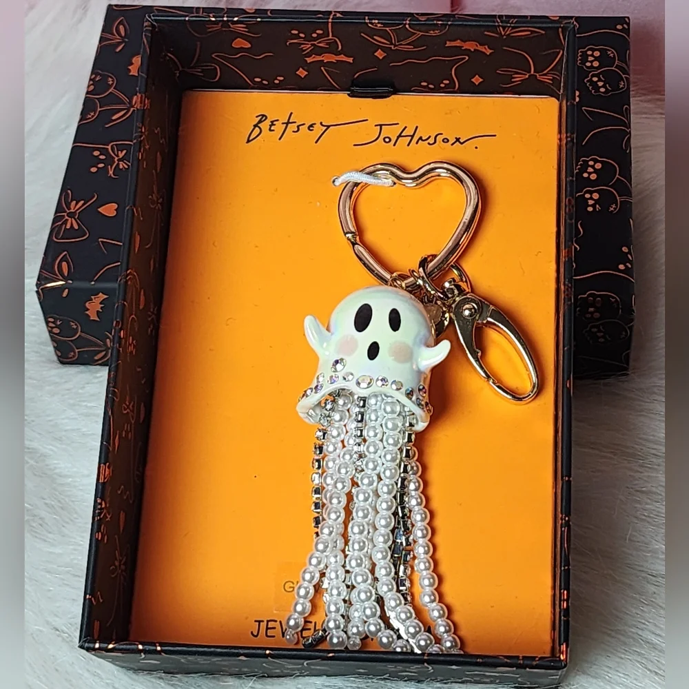 Betsey Johnson Pearl Ghost Keychain with Rhinestones